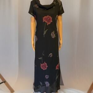 Vintage 90s Jessica Howard Maxi Dress Women Sz S Black Floral Cottagecore Goth